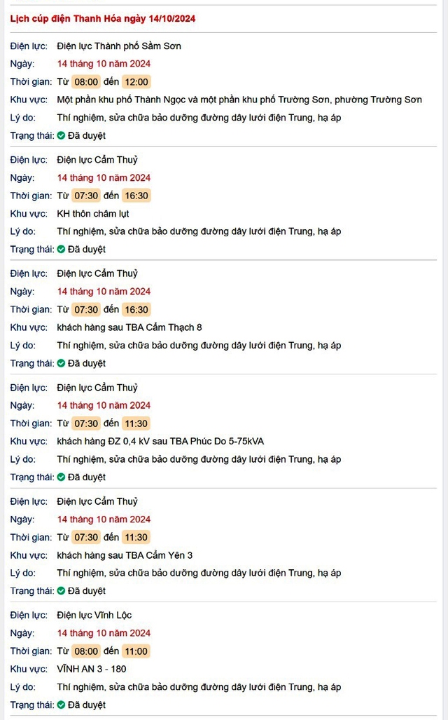 Lịch cắt điện hôm nay Thứ 2 ngày 14/10/2024 tại Thanh Hóa- Ảnh 1. Lịch cắt điện hôm nay Thứ 2 ngày 14/10/2024 tại Thanh Hóa- Ảnh 1.