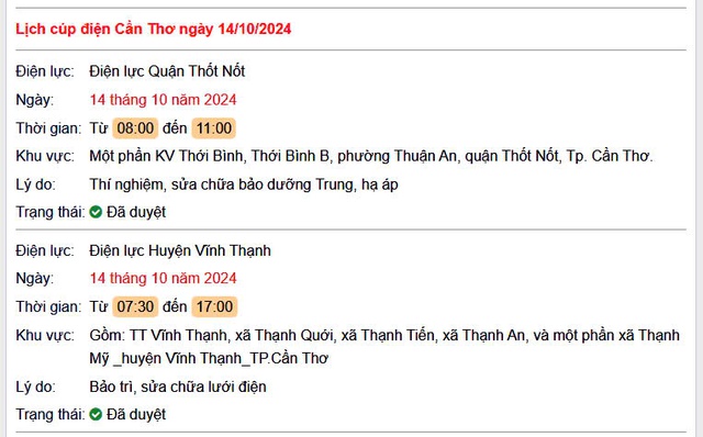 Lịch cúp điện hôm nay Thứ 2 ngày 14/10/2024 tại Cần Thơ- Ảnh 1.