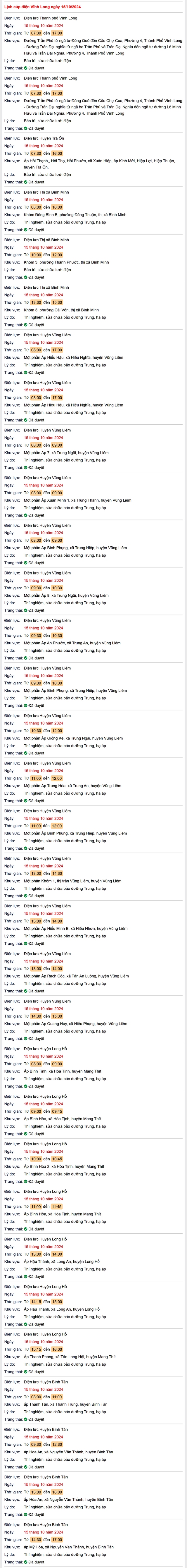 Lịch cúp điện hôm nay Thứ 3 ngày 15/10/2024 tại Vĩnh Long- Ảnh 1.