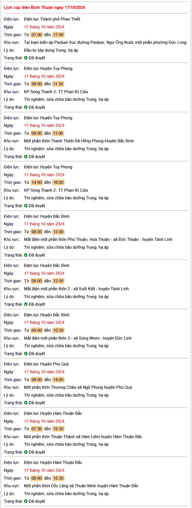 Lịch cúp điện hôm nay Thứ 5 ngày 17/10/2024 tại Bình Thuận- Ảnh 1. Lịch cúp điện hôm nay Thứ 5 ngày 17/10/2024 tại Bình Thuận- Ảnh 1.