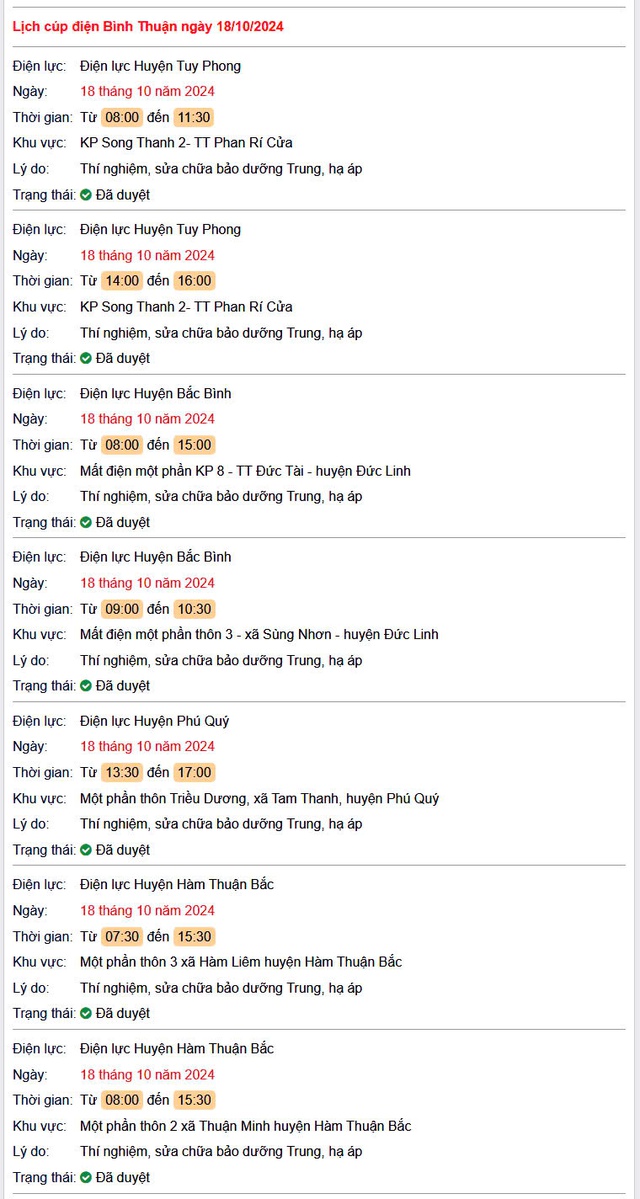 Lịch cúp điện hôm nay Thứ 6 ngày 18/10/2024 tại Bình Thuận- Ảnh 1. Lịch cúp điện hôm nay Thứ 6 ngày 18/10/2024 tại Bình Thuận- Ảnh 1.