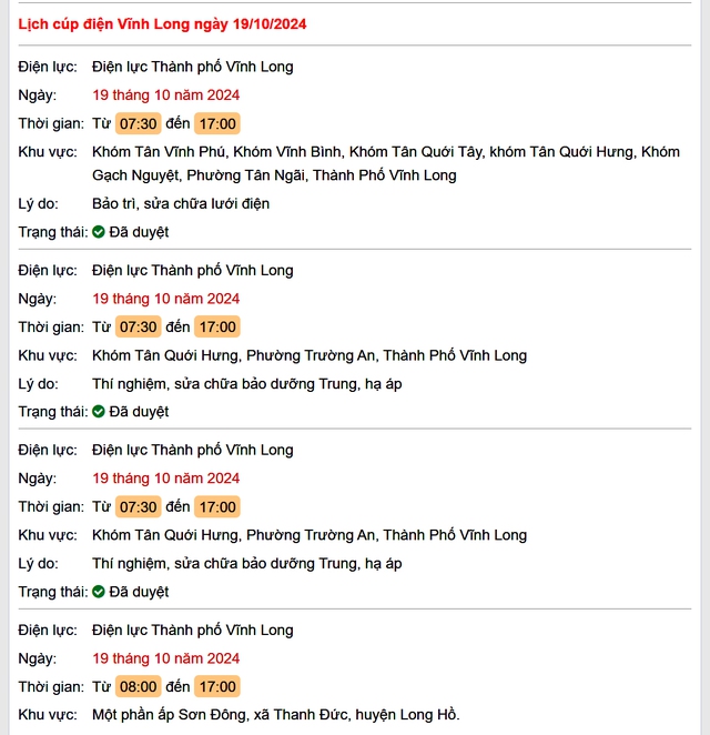 Lịch cúp điện hôm nay Thứ 7 ngày 19/10/2024 tại Vĩnh Long- Ảnh 1. Lịch cúp điện hôm nay Thứ 7 ngày 19/10/2024 tại Vĩnh Long- Ảnh 1.