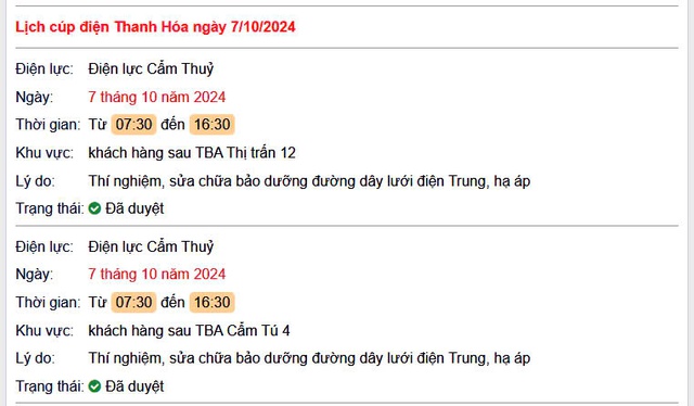 Lịch cắt điện hôm nay Thứ 2 ngày 7/10/2024 tại Thanh Hóa- Ảnh 1. Lịch cắt điện hôm nay Thứ 2 ngày 7/10/2024 tại Thanh Hóa- Ảnh 1.
