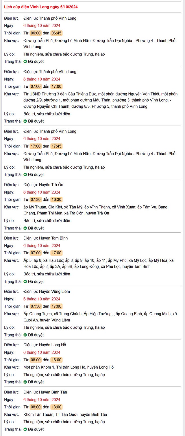 Lịch cúp điện hôm nay Chủ Nhật ngày 6/10/2024 tại Vĩnh Long- Ảnh 1.