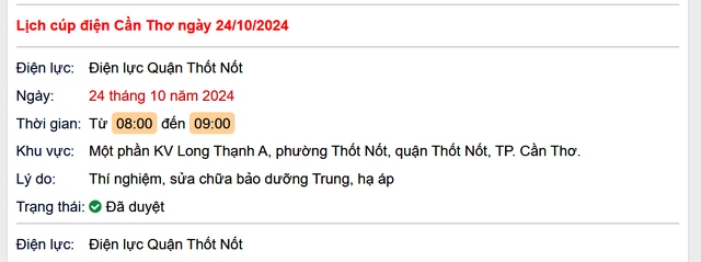 Lịch cúp điện hôm nay Thứ 5 ngày 24/10/2024 tại Cần Thơ- Ảnh 1. Lịch cúp điện hôm nay Thứ 5 ngày 24/10/2024 tại Cần Thơ- Ảnh 1.