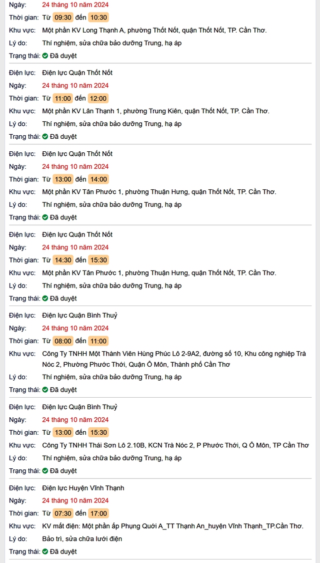 Lịch cúp điện hôm nay Thứ 5 ngày 24/10/2024 tại Cần Thơ- Ảnh 2. Lịch cúp điện hôm nay Thứ 5 ngày 24/10/2024 tại Cần Thơ- Ảnh 2.