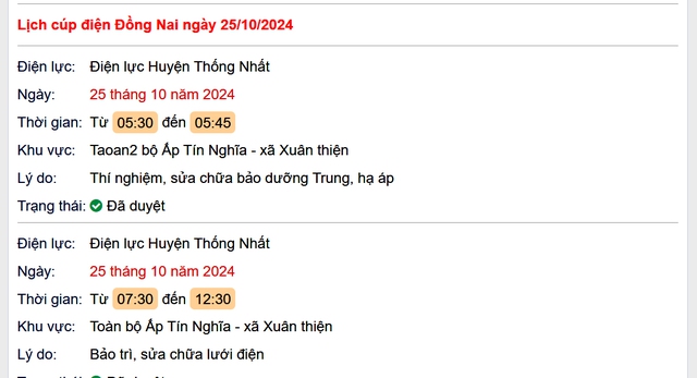 Lịch cúp điện hôm nay Thứ 6 ngày 25/10/2024 tại Đồng Nai- Ảnh 1. Lịch cúp điện hôm nay Thứ 6 ngày 25/10/2024 tại Đồng Nai- Ảnh 1.