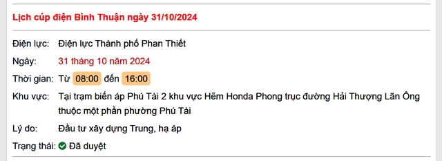 Lịch cúp điện hôm nay Thứ 5 ngày 31/10/2024 tại Bình Thuận- Ảnh 1.