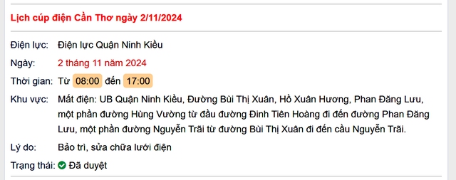 Lịch cúp điện hôm nay Thứ 7 ngày 2/11/2024 tại Cần Thơ- Ảnh 1. Lịch cúp điện hôm nay Thứ 7 ngày 2/11/2024 tại Cần Thơ- Ảnh 1.