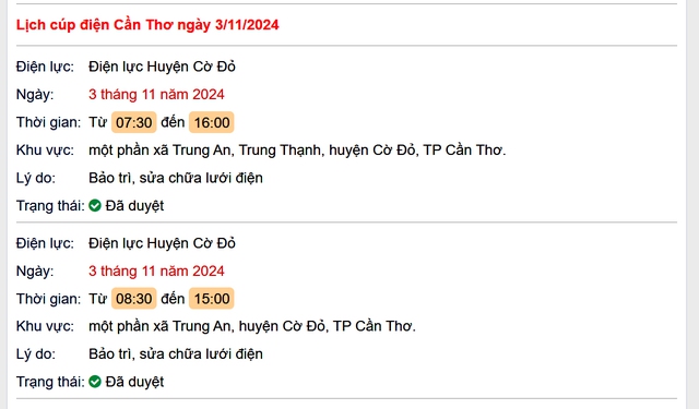 Lịch cúp điện hôm nay Chủ Nhật ngày 3/11/2024 tại Cần Thơ- Ảnh 1. Lịch cúp điện hôm nay Chủ Nhật ngày 3/11/2024 tại Cần Thơ- Ảnh 1.