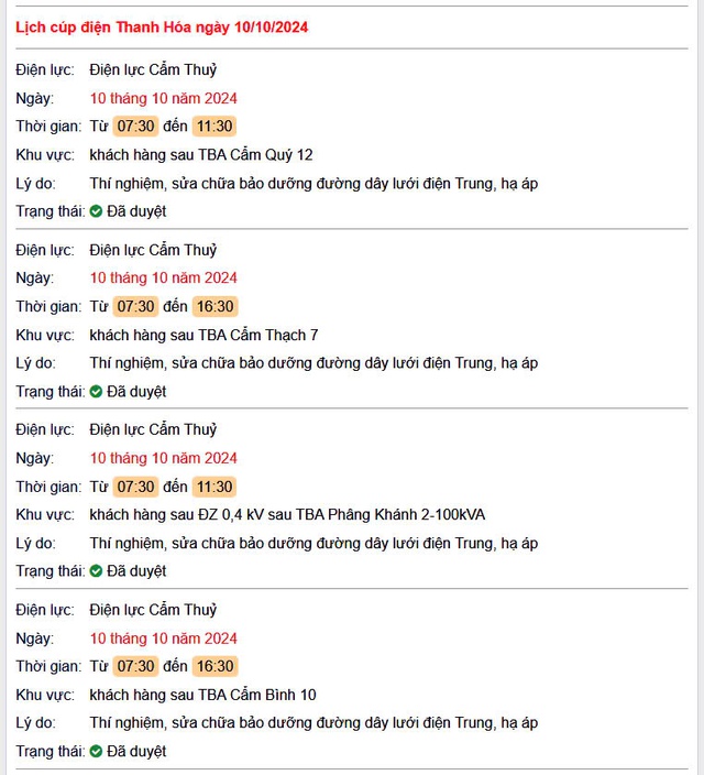 Lịch cắt điện hôm nay Thứ 5 ngày 10/10/2024 tại Thanh Hóa- Ảnh 1.