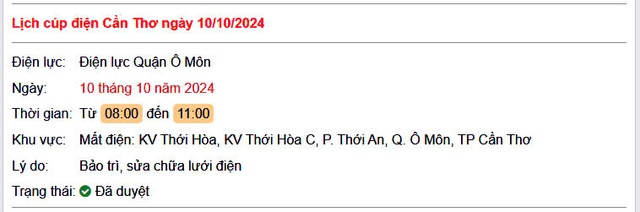 Lịch cúp điện hôm nay Thứ 5 ngày 10/10/2024 tại Cần Thơ- Ảnh 1.