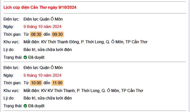 Lịch cúp điện hôm nay Thứ 4 ngày 9/10/2024 tại Cần Thơ- Ảnh 1.