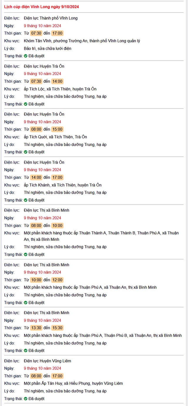 Lịch cúp điện hôm nay Thứ 4 ngày 9/10/2024 tại Vĩnh Long- Ảnh 1.