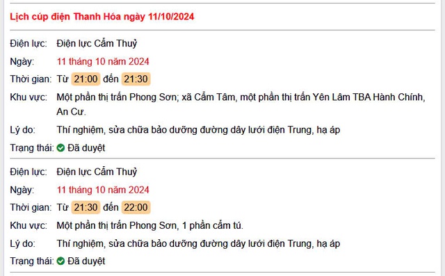Lịch cắt điện hôm nay Thứ 6 ngày 11/10/2024 tại Thanh Hóa- Ảnh 1.
