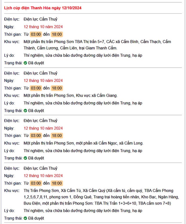 Lịch cắt điện hôm nay Thứ 7 ngày 12/10/2024 tại Thanh Hóa- Ảnh 1.