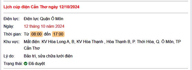 Lịch cúp điện hôm nay Thứ 7 ngày 12/10/2024 tại Cần Thơ- Ảnh 1. Lịch cúp điện hôm nay Thứ 7 ngày 12/10/2024 tại Cần Thơ- Ảnh 1.
