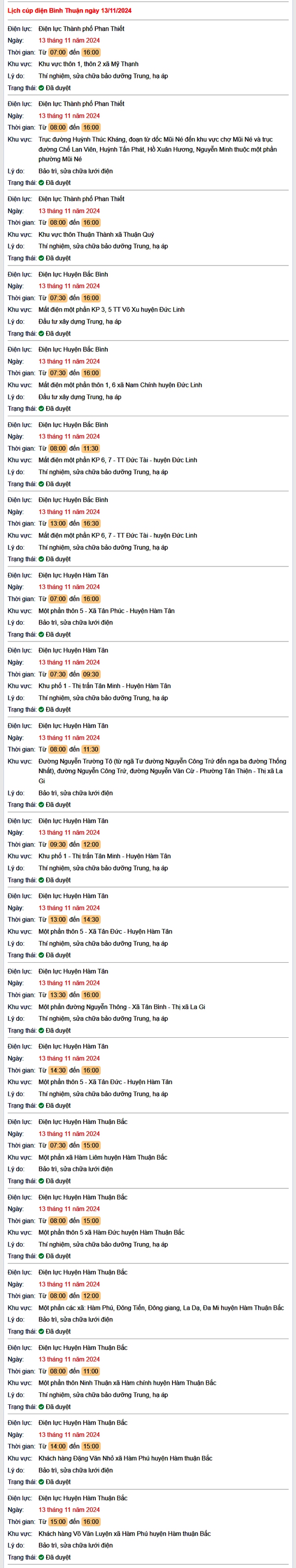 Lịch cúp điện hôm nay Thứ 4 ngày 13/11/2024 tại Bình Thuận- Ảnh 1. Lịch cúp điện hôm nay Thứ 4 ngày 13/11/2024 tại Bình Thuận- Ảnh 1.