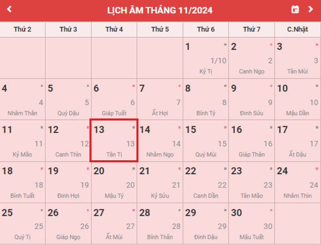 Lịch âm 13/11 - Âm lịch hôm nay 13/11 - Lịch vạn niên ngày 13/11/2024- Ảnh 1.