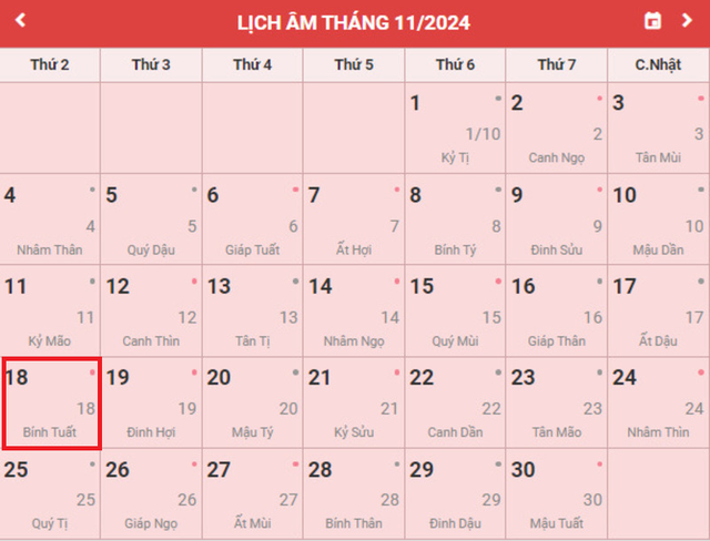 Lịch âm 18/11 - Âm lịch hôm nay 18/11 - Lịch vạn niên ngày 18/11/2024- Ảnh 1.