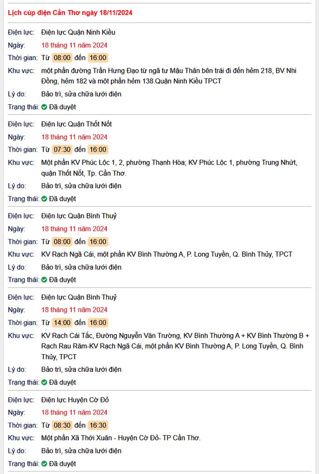 Lịch cúp điện hôm nay Thứ 2 ngày 18/11/2024 tại Cần Thơ- Ảnh 1.