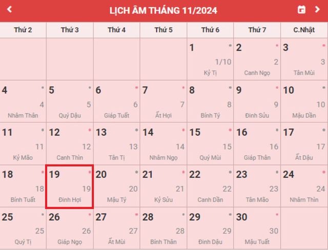 Lịch âm 19/11 - Âm lịch hôm nay 19/11 - Lịch vạn niên ngày 19/11/2024- Ảnh 1.