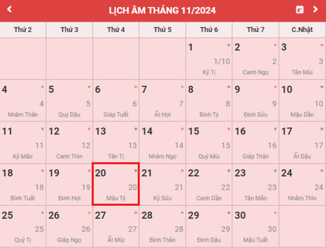 Lịch âm 20/11 - Âm lịch hôm nay 20/11 - Lịch vạn niên ngày 20/11/2024- Ảnh 1.