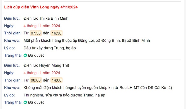 Lịch cúp điện hôm nay Thứ 2 ngày 4/11/2024 tại Vĩnh Long- Ảnh 1.