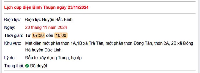 Lịch cúp điện hôm nay Thứ 7 ngày 23/11/2024 tại Bình Thuận- Ảnh 1. Lịch cúp điện hôm nay Thứ 7 ngày 23/11/2024 tại Bình Thuận- Ảnh 1.