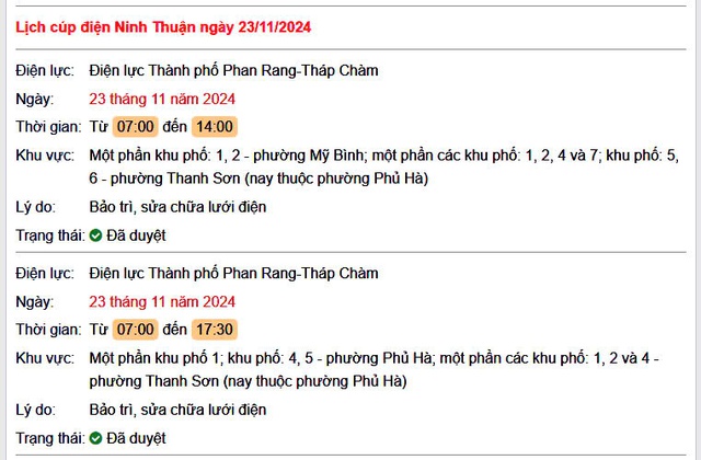 Lịch cúp điện hôm nay Thứ 7 ngày 23/11/2024 tại Ninh Thuận- Ảnh 1. Lịch cúp điện hôm nay Thứ 7 ngày 23/11/2024 tại Ninh Thuận- Ảnh 1.