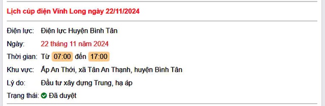 Lịch cúp điện hôm nay Thứ 6 ngày 22/11/2024 tại Vĩnh Long- Ảnh 1. Lịch cúp điện hôm nay Thứ 6 ngày 22/11/2024 tại Vĩnh Long- Ảnh 1.