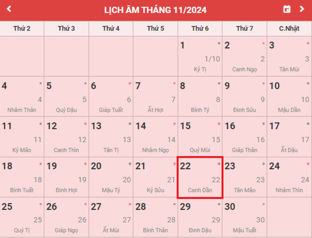 Lịch âm 22/11 - Âm lịch hôm nay 22/11 - Lịch vạn niên ngày 22/11/2024- Ảnh 1.