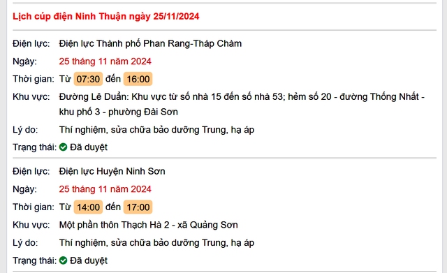 Lịch cúp điện hôm nay Thứ 2 ngày 25/11/2024 tại Ninh Thuận- Ảnh 1.