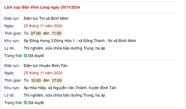 Lịch cúp điện hôm nay Thứ 2 ngày 25/11/2024 tại Vĩnh Long- Ảnh 1. Lịch cúp điện hôm nay Thứ 2 ngày 25/11/2024 tại Vĩnh Long- Ảnh 1.