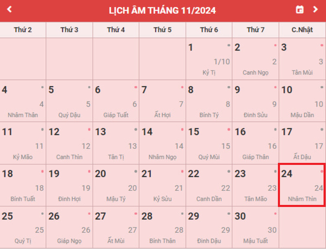 Lịch âm 24/11 - Âm lịch hôm nay 24/11 - Lịch vạn niên ngày 24/11/2024- Ảnh 1.