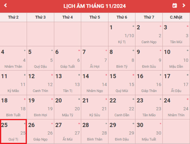 Lịch âm 25/11 - Âm lịch hôm nay 25/11 - Lịch vạn niên ngày 25/11/2024- Ảnh 1.