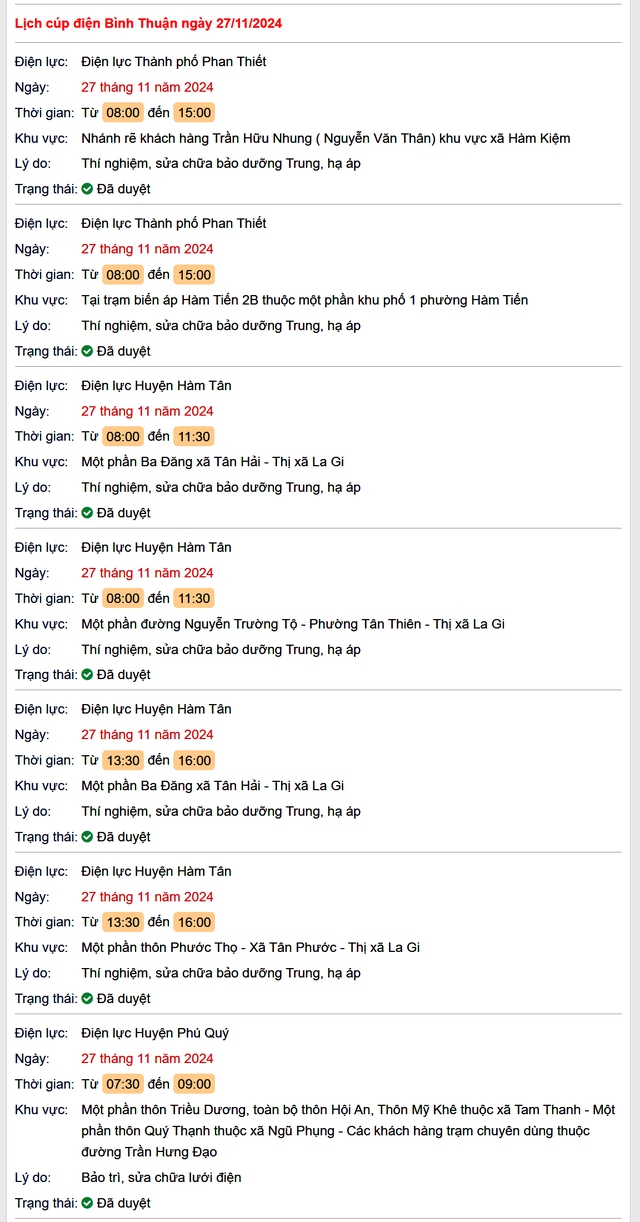 Lịch cúp điện hôm nay Thứ 4 ngày 27/11/2024 tại Bình Thuận- Ảnh 1. Lịch cúp điện hôm nay Thứ 4 ngày 27/11/2024 tại Bình Thuận- Ảnh 1.
