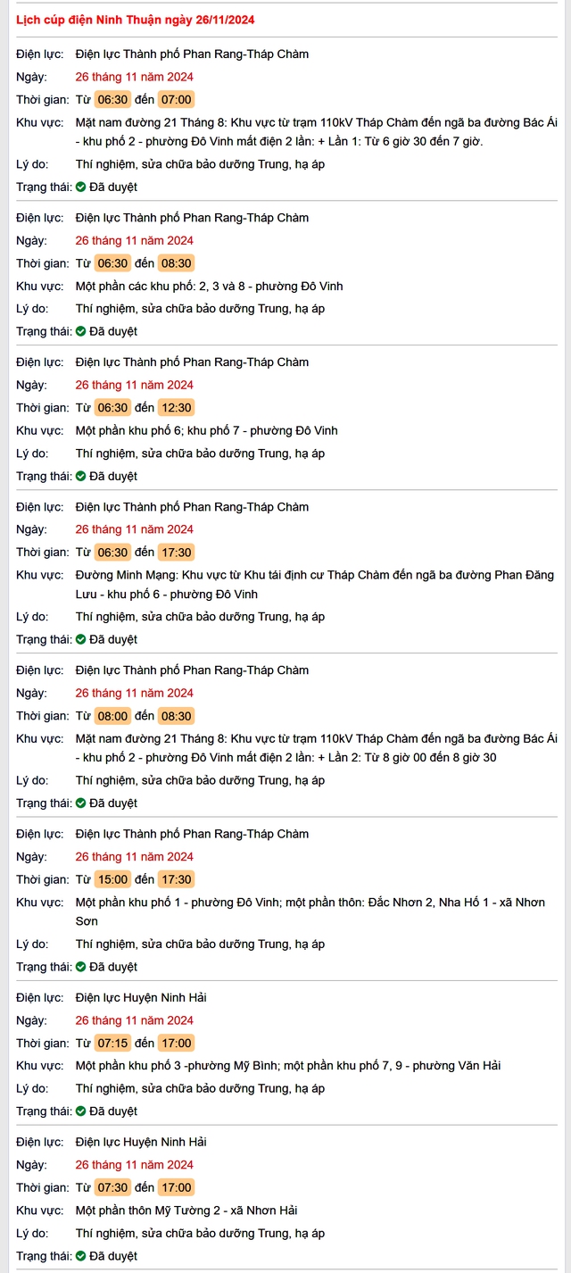 Lịch cúp điện hôm nay Thứ 3 ngày 26/11/2024 tại Ninh Thuận- Ảnh 1. Lịch cúp điện hôm nay Thứ 3 ngày 26/11/2024 tại Ninh Thuận- Ảnh 1.