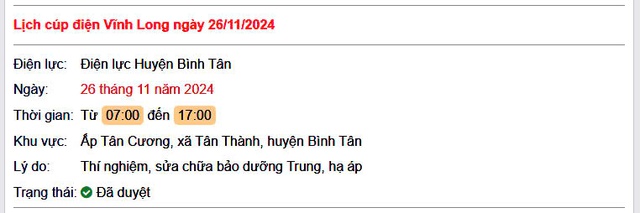 Lịch cúp điện hôm nay Thứ 3 ngày 26/11/2024 tại Vĩnh Long- Ảnh 1. Lịch cúp điện hôm nay Thứ 3 ngày 26/11/2024 tại Vĩnh Long- Ảnh 1.