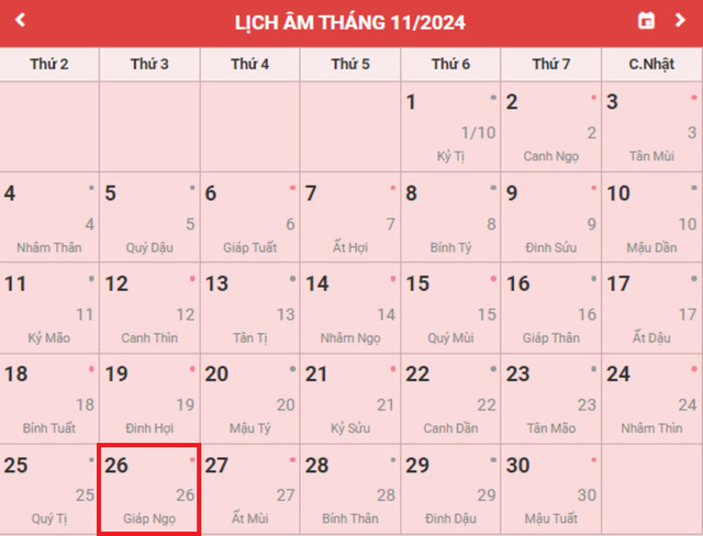 Lịch âm 26/11 - Âm lịch hôm nay 26/11 - Lịch vạn niên ngày 26/11/2024- Ảnh 1.