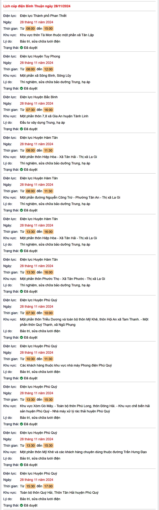 Lịch cúp điện hôm nay Thứ 5 ngày 28/11/2024 tại Bình Thuận- Ảnh 1. Lịch cúp điện hôm nay Thứ 5 ngày 28/11/2024 tại Bình Thuận- Ảnh 1.