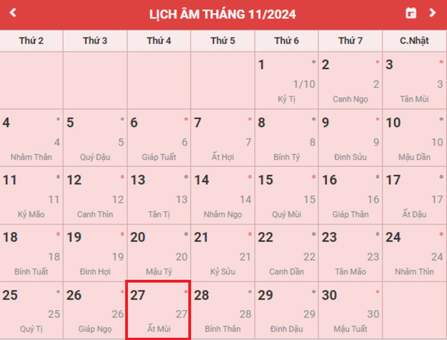 Lịch âm 27/11 - Âm lịch hôm nay 27/11 - Lịch vạn niên ngày 27/11/2024- Ảnh 1.