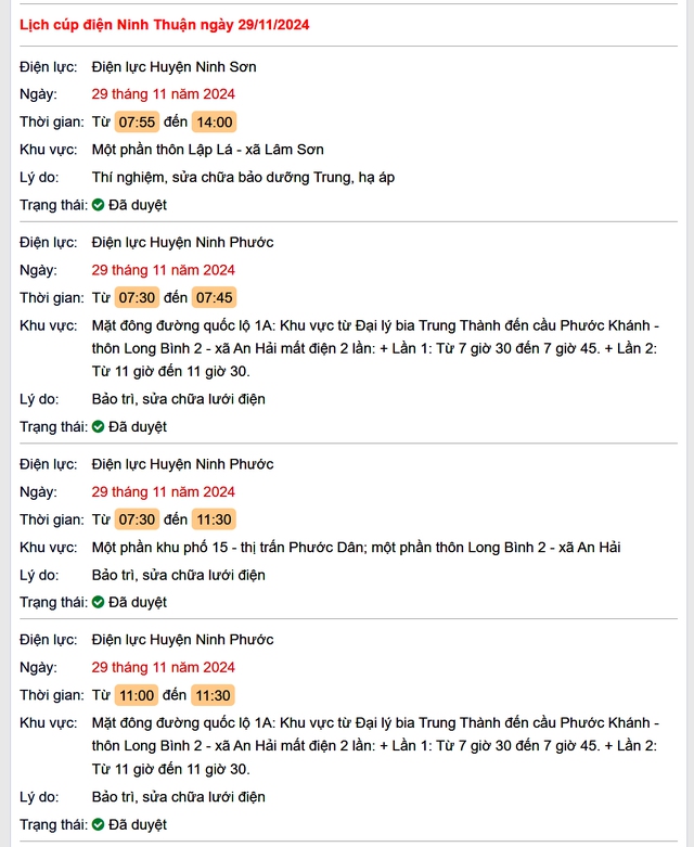 Lịch cúp điện hôm nay Thứ 6 ngày 29/11/2024 tại Ninh Thuận- Ảnh 1. Lịch cúp điện hôm nay Thứ 6 ngày 29/11/2024 tại Ninh Thuận- Ảnh 1.