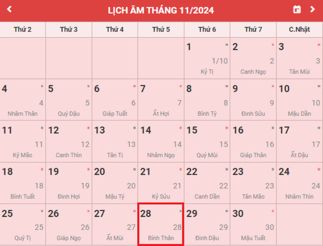 Lịch âm 28/11 - Âm lịch hôm nay 28/11 - Lịch vạn niên ngày 28/11/2024- Ảnh 1.