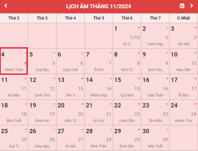 Lịch âm 4/11 - Âm lịch hôm nay 4/11 - Lịch vạn niên ngày 4/11/2024- Ảnh 1.