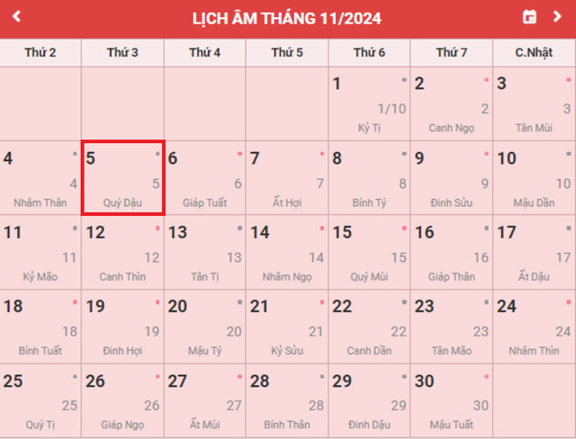 Lịch âm 5/11 - Âm lịch hôm nay 5/11 - Lịch vạn niên ngày 5/11/2024- Ảnh 1.