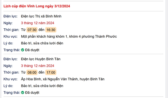 Lịch cúp điện hôm nay Thứ 3 ngày 3/12/2024 tại Vĩnh Long- Ảnh 1. Lịch cúp điện hôm nay Thứ 3 ngày 3/12/2024 tại Vĩnh Long- Ảnh 1.