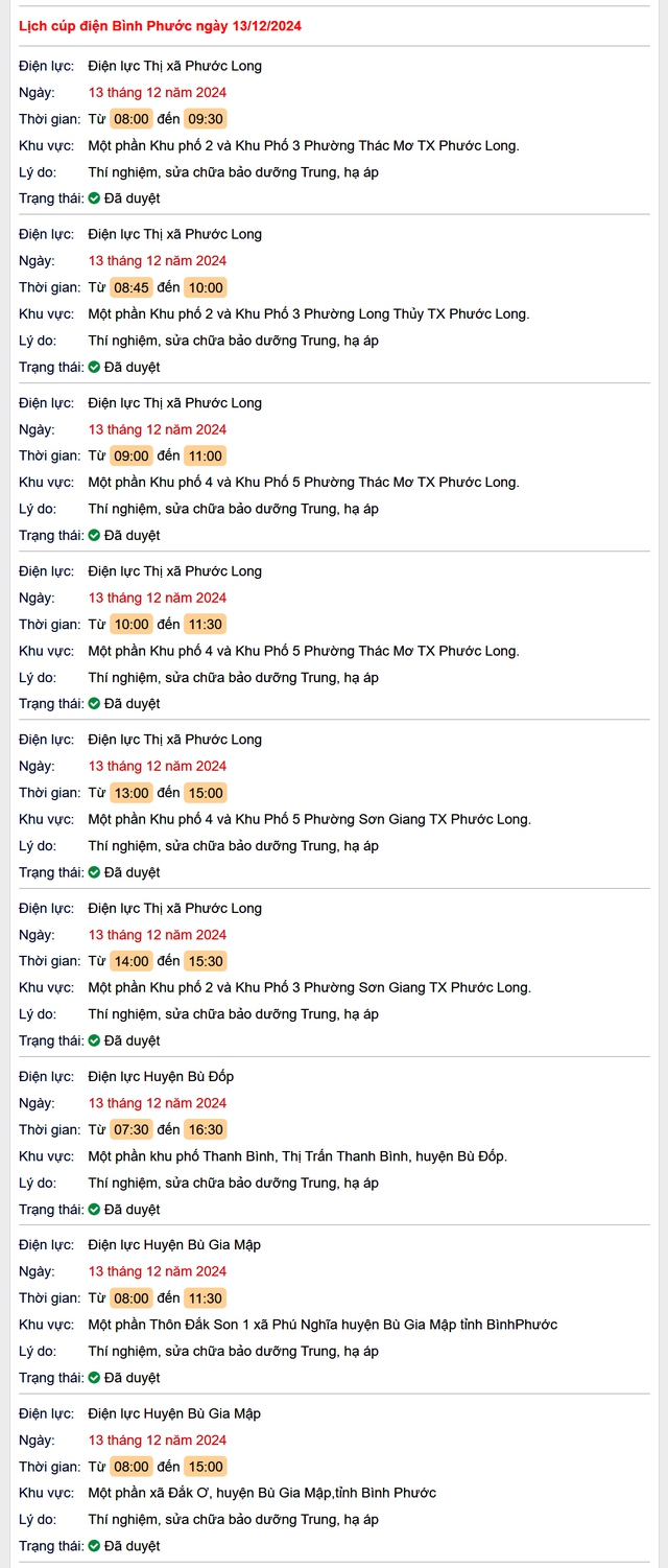 Lịch cúp điện hôm nay Thứ 6 ngày 13/12/2024 tại Bình Phước- Ảnh 1. Lịch cúp điện hôm nay Thứ 6 ngày 13/12/2024 tại Bình Phước- Ảnh 1.