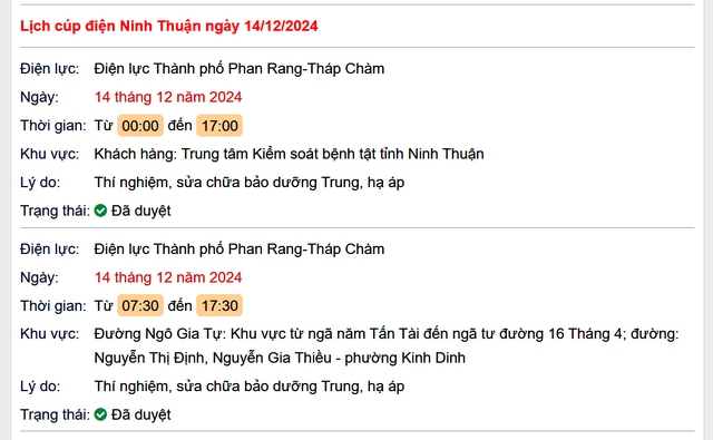 Lịch cúp điện hôm nay Thứ 7 ngày 14/12/2024 tại Ninh Thuận- Ảnh 1. Lịch cúp điện hôm nay Thứ 7 ngày 14/12/2024 tại Ninh Thuận- Ảnh 1.