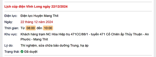 Lịch cúp điện hôm nay Chủ Nhật ngày 22/12/2024 tại Vĩnh Long- Ảnh 1.